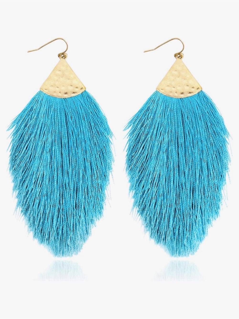 Blue Turquoise Aqua Fan Fringe Feather Tassel Statement Earrings